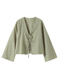 Cotton Linen Lace Up Bow Shirts For Women