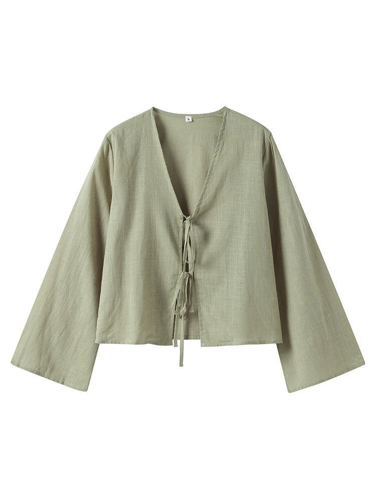 Cotton Linen Lace Up Bow Shirts For Women