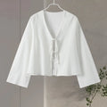 Cotton Linen Lace Up Bow Shirts For Women