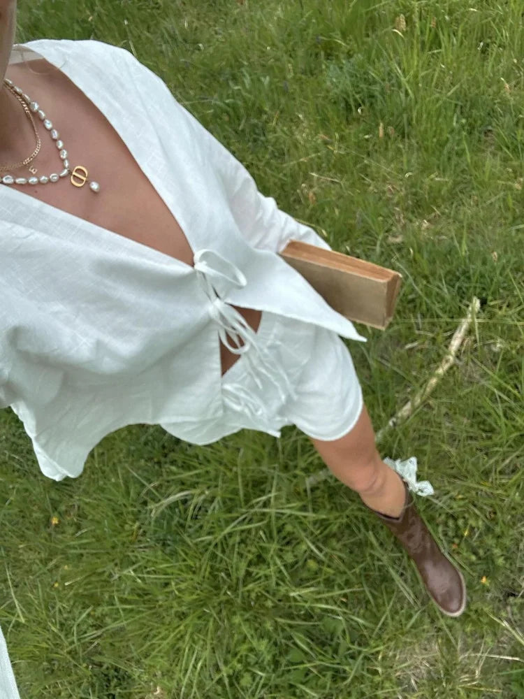 Cotton Linen Lace Up Bow Shirts For Women