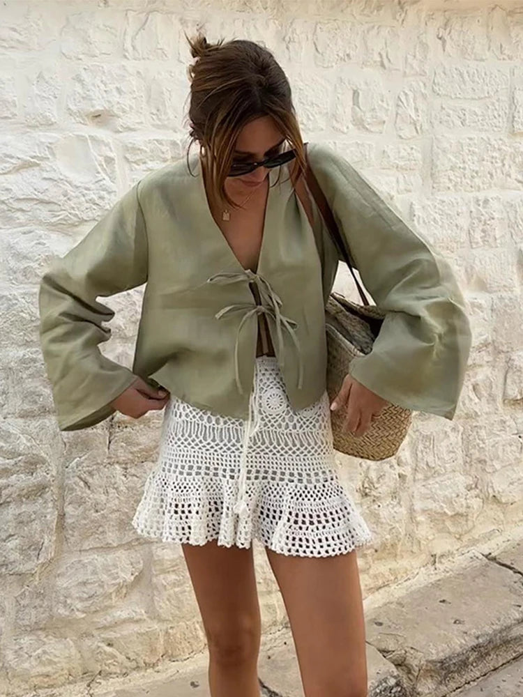 Cotton Linen Lace Up Bow Shirts For Women