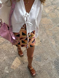 Cotton Linen Lace Up Bow Shirts For Women