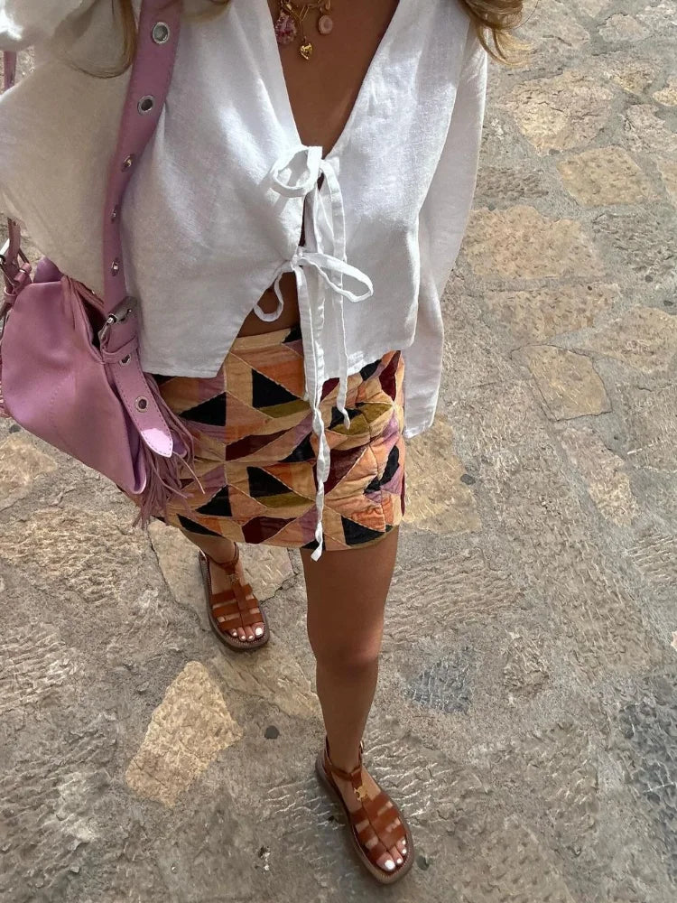 Cotton Linen Lace Up Bow Shirts For Women