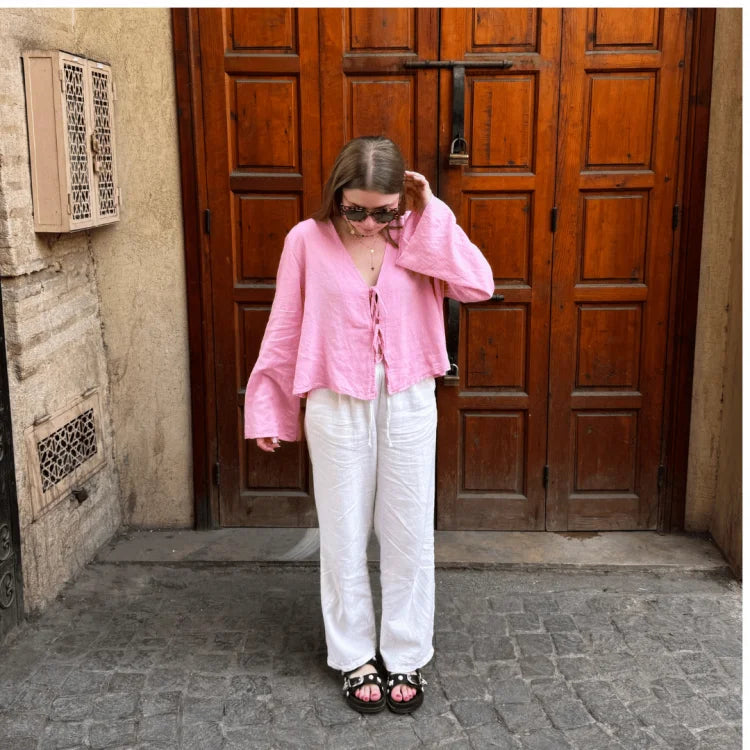 Cotton Linen Lace Up Bow Shirts For Women
